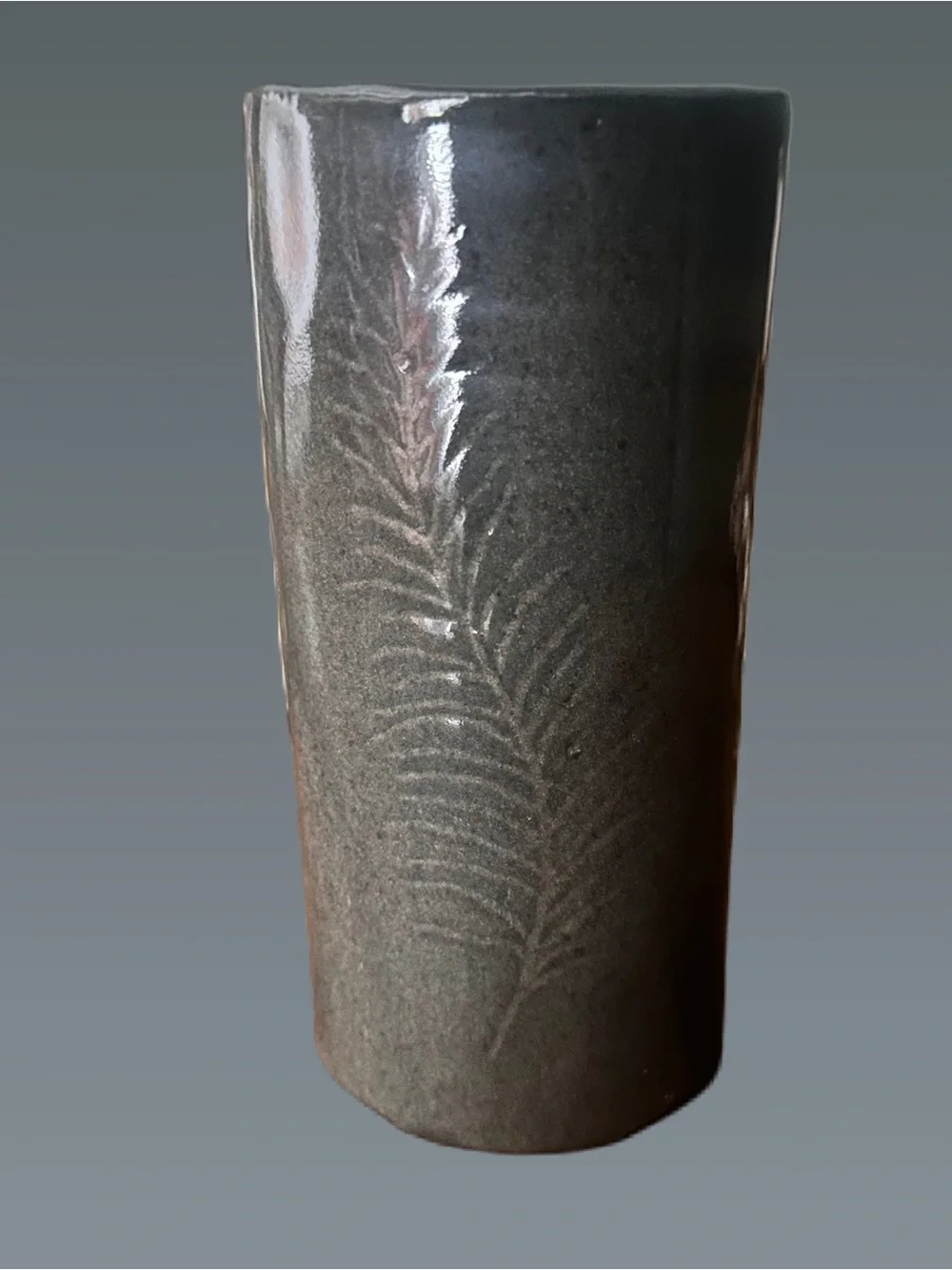 Studio Pottery Vase Stoneware Cylindrical Botanical Vessel MD Maker Mark